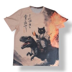 Men's Black Cat Samurai Dinosaur Sea Wave Print Short Sleeve Shirt Medium NWOT